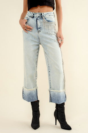 Loose Fit Cropped Folded Cuff Leg One Side Rhinestone Fringe Denim Jeans