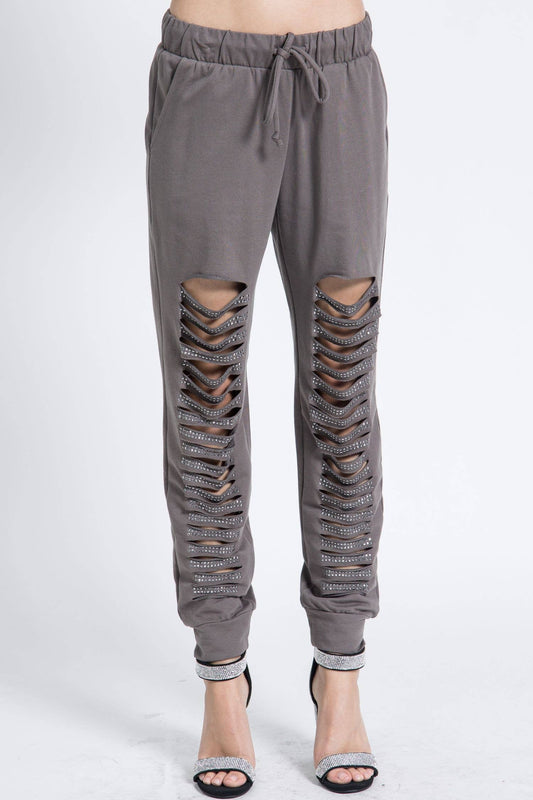 Laser Cut Jogger Pants With Stones charcoal