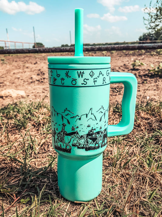 Kids 24oz Western Tumbler: Turquoise Cattle Drive