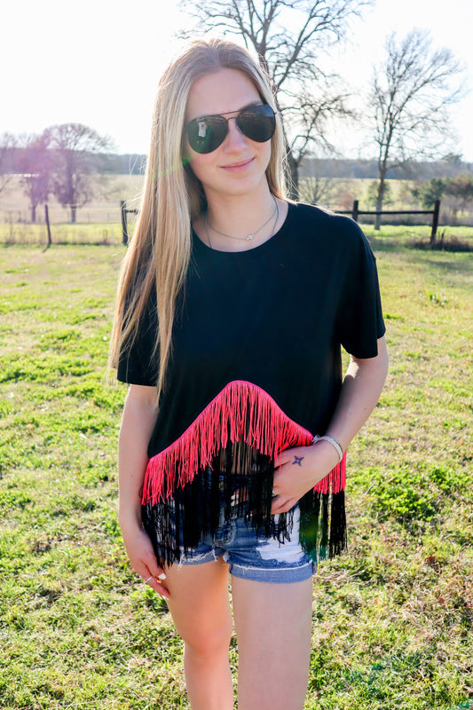 MK042 Fringetastic SS Crop Top - 3 Colors: M / Black