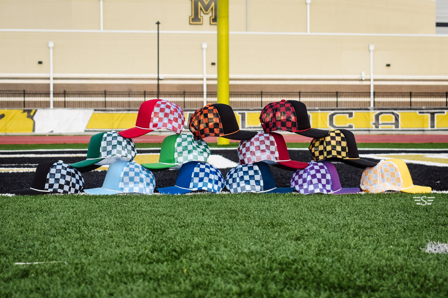 Checkered Mesh Back Foam Trucker Cap: Tan/ Brown