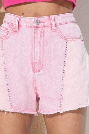 Twill Washed Colorblock Studded Denim Shorts