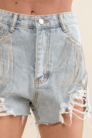 RHINESTONE FRINGE POCKET DENIM SHORTS