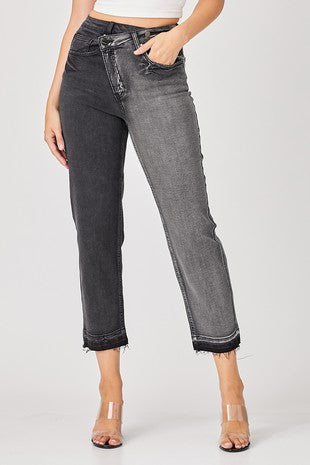 HIGH RISE CROSSOVER TWO TONE JEANS