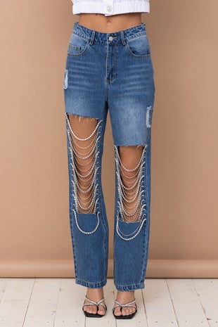 Rhinestone cutout denim pants