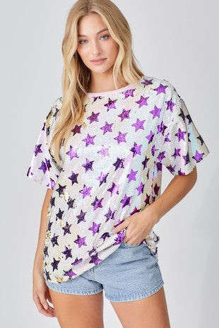 SEQUIN TOP + STAR DETAIL + SHORT SLEEVE