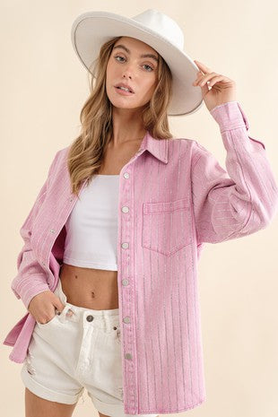 High Luxury Embellished Sparkle Stone Stripe Boyfriend Shirt Denim Jacket