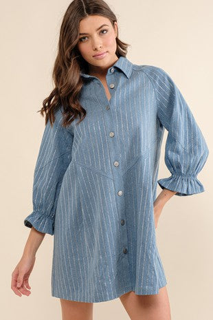 Embellished Sparkle Stone Stripe Button Up Denim Dress