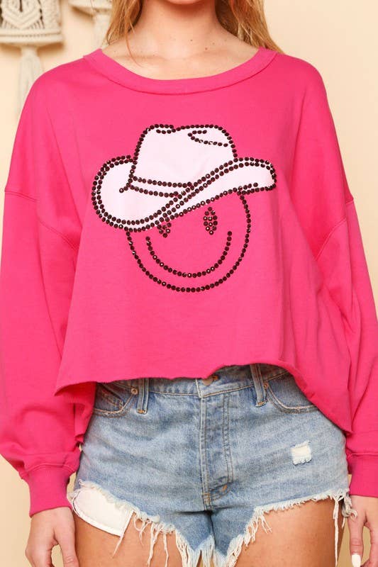 Cowboy Hat Smiley Face Embellished Print Knit Top lilac