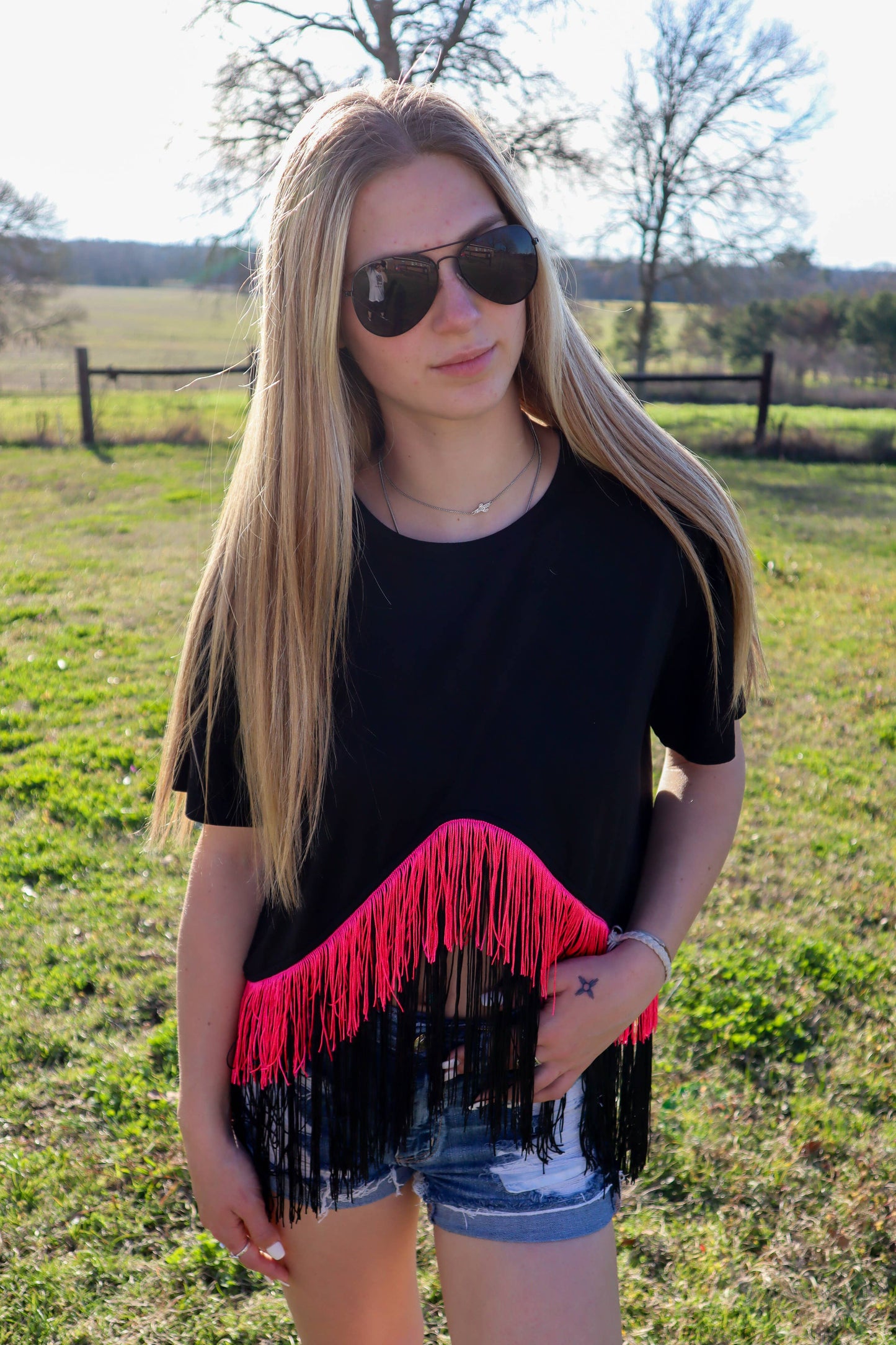 MK042 Fringetastic SS Crop Top - 3 Colors: L / Black