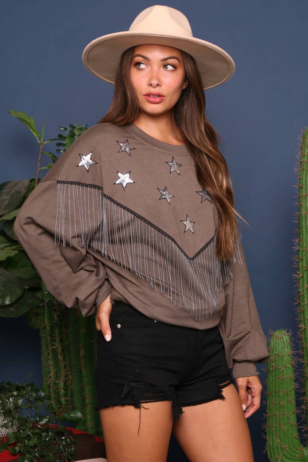 Fringe and Sequin Star Knit Sweatshirt: BURGUNDY / S