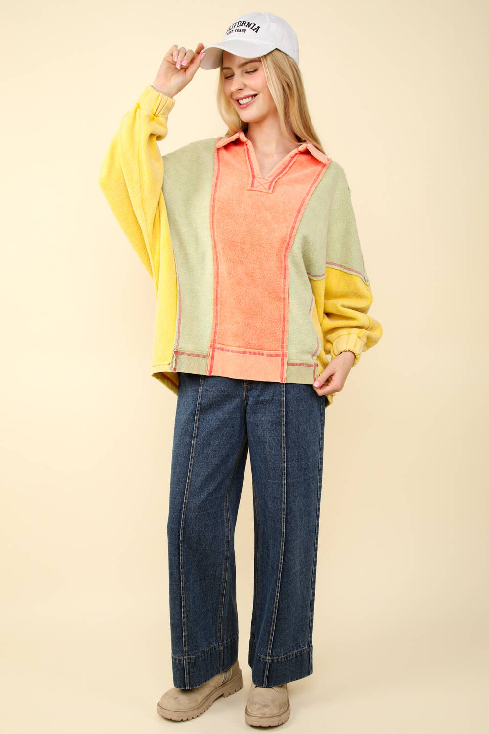 NT11903-Color Block Frenchy Terry Oversized Knit Top: Orange / S.M-M.L/3-3