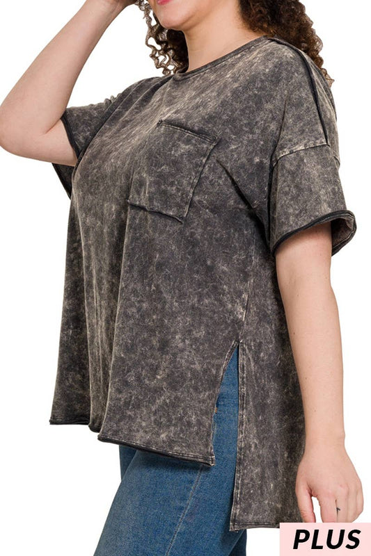 Plus Washed Shirring Back Short Sleeve Top: 1-1-1 (1XL-2XL-3XL) / ASH BLACK