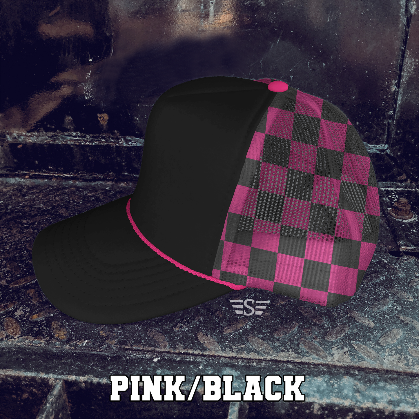 Checkered Mesh Back Foam Trucker Cap: Pink/ Light Pink