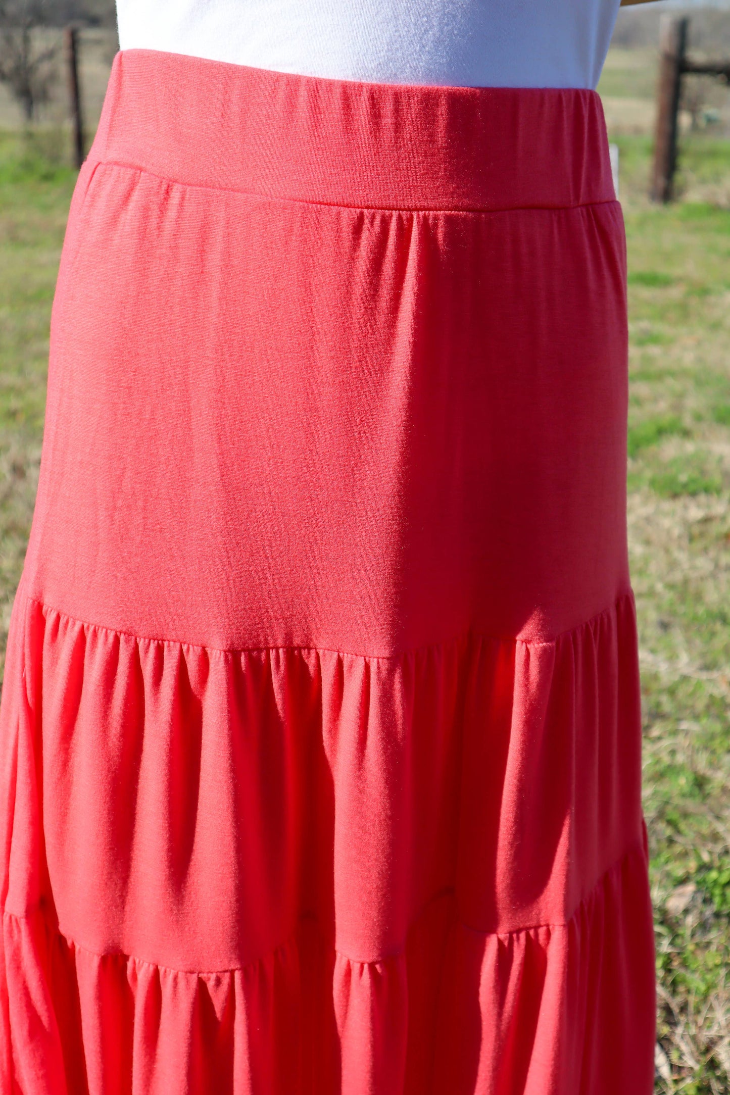 MK034 Sunni Tiered Knit Maxi Skirt - 5 Colors: S / Coral