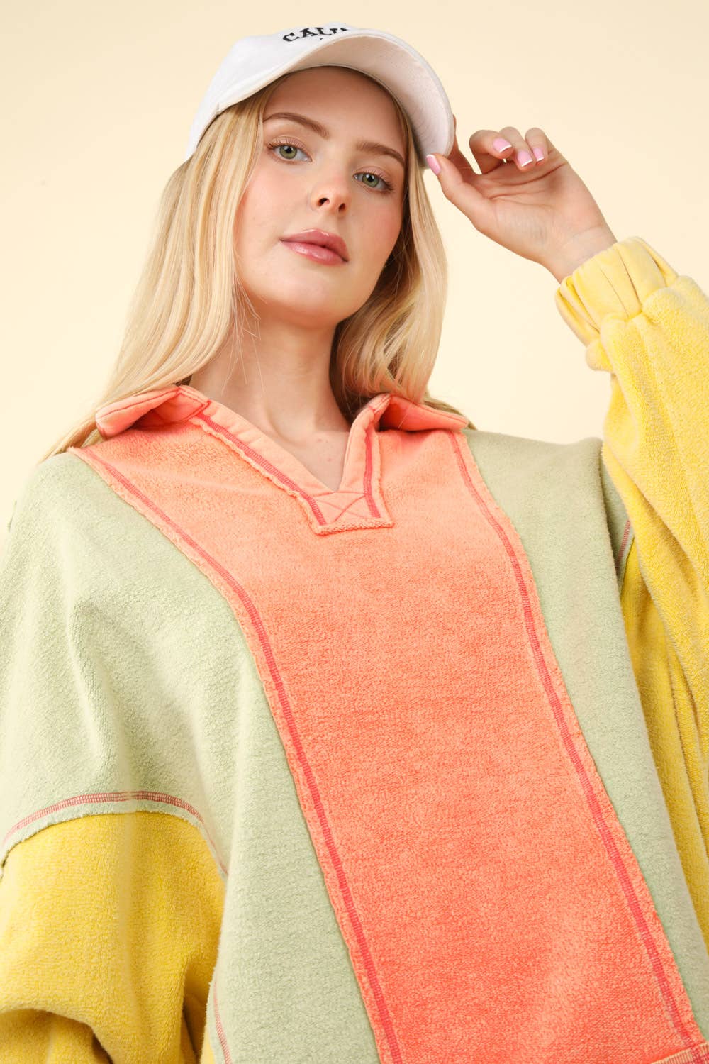 NT11903-Color Block Frenchy Terry Oversized Knit Top: Orange / S.M-M.L/3-3