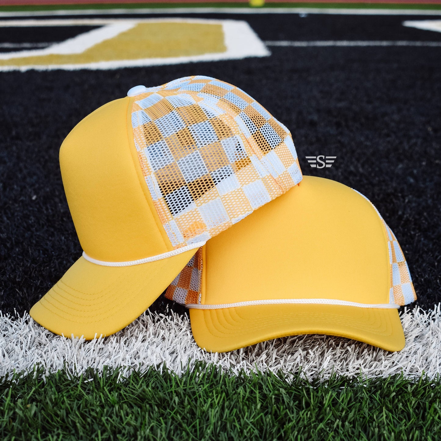 Checkered Mesh Back Foam Trucker Cap: Tan/ Brown