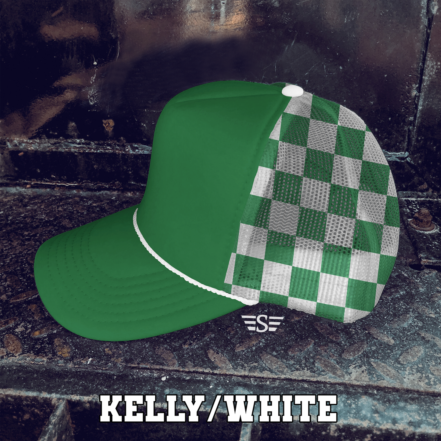 Checkered Mesh Back Foam Trucker Cap: Coral/ Mint