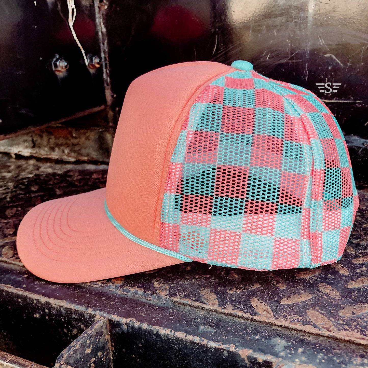 Checkered Mesh Back Foam Trucker Cap: Tan/ Brown