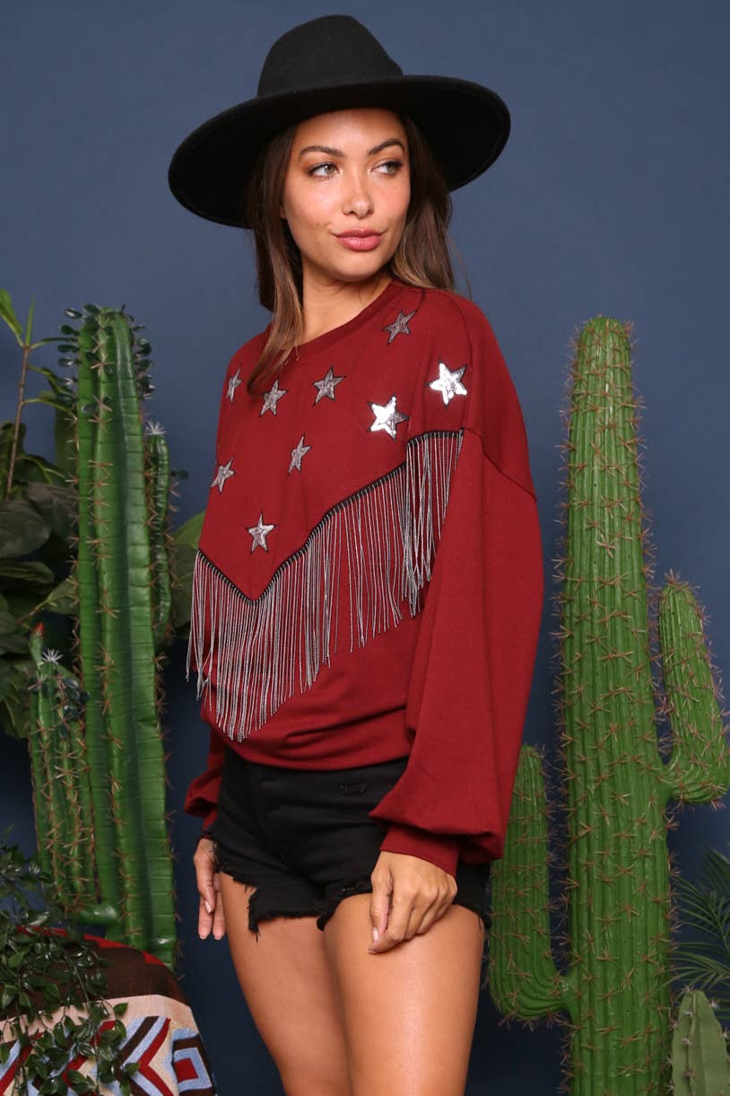 Fringe and Sequin Star Knit Sweatshirt: BURGUNDY / S