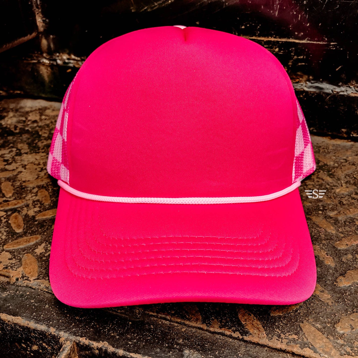 Checkered Mesh Back Foam Trucker Cap: Pink/ Light Pink