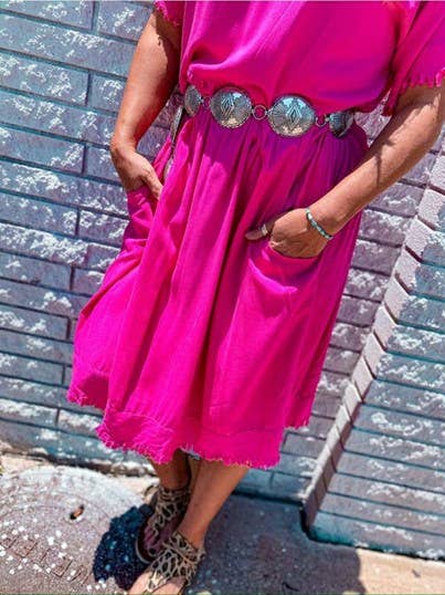 MK040 Buffalo Jill Distressed Hem Summer Dress - 4 Colors: L / Pink