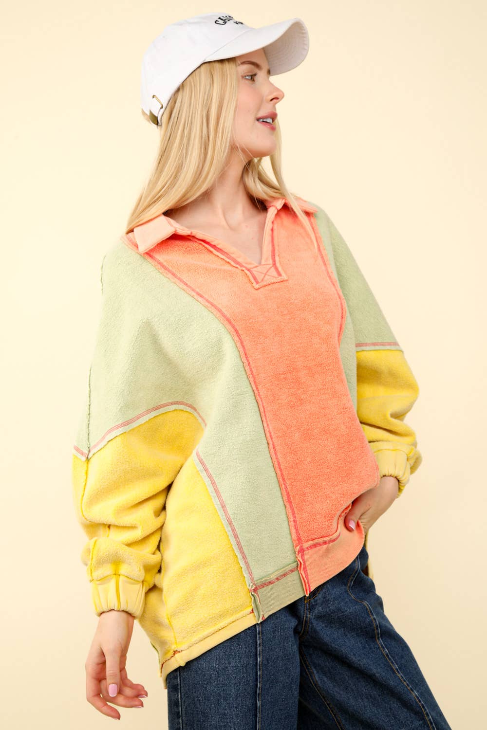 NT11903-Color Block Frenchy Terry Oversized Knit Top: Orange / S.M-M.L/3-3