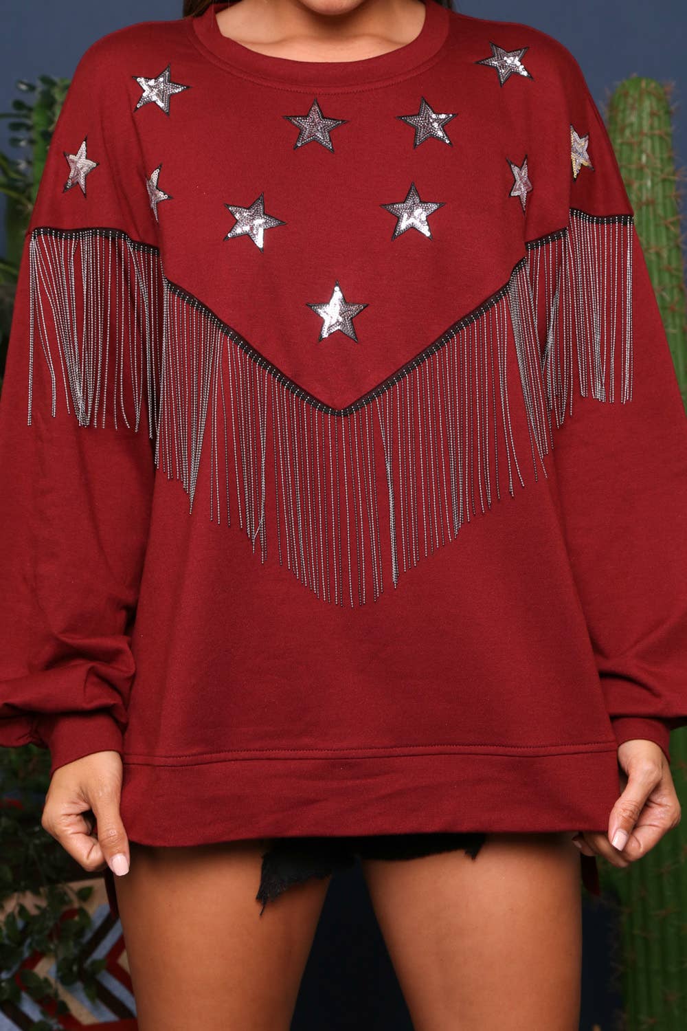 Fringe and Sequin Star Knit Sweatshirt: BURGUNDY / S