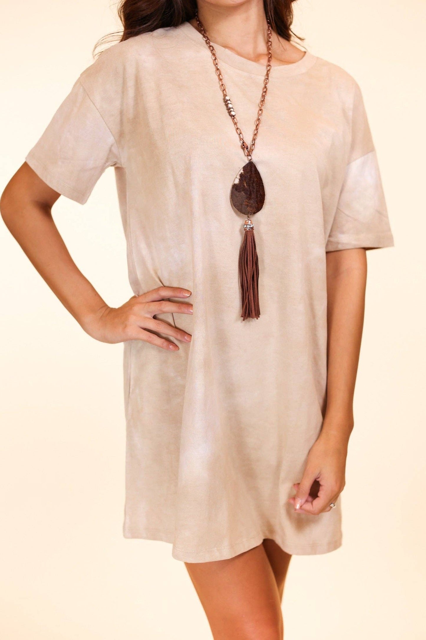 Adventuresome Beige Tie Dye T-Shirt Dress: Beige / One Size