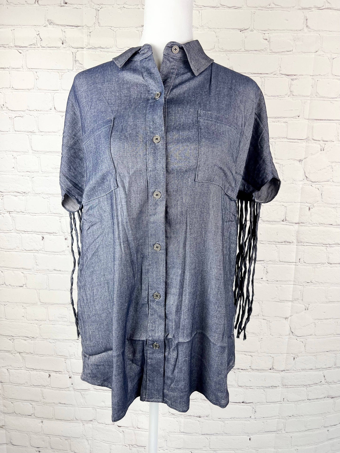 MK014 Cavalier Fringe Detail Chambray Top - 4 Colors: S / Light Chambray