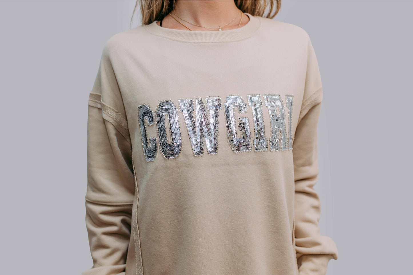 MK481 Cowgirl Sequin and Beaded Sweatshirt: Tan / M