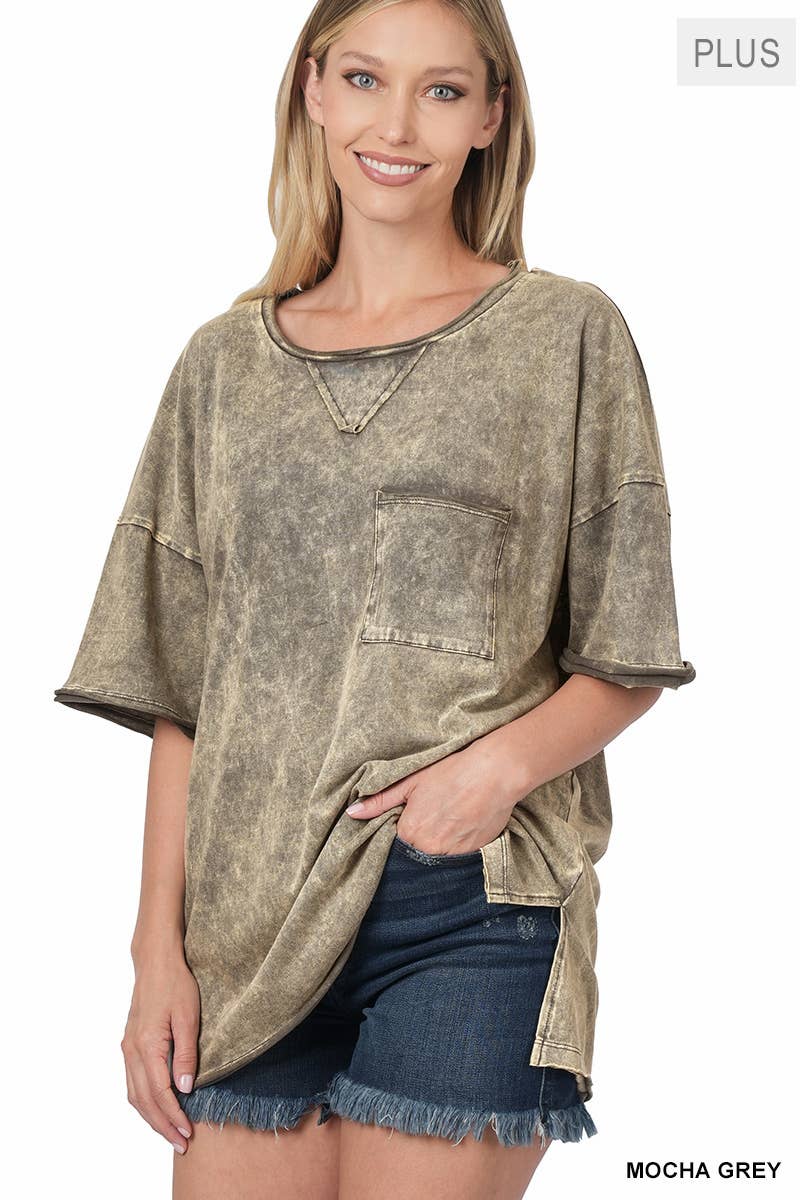 Plus Acid Wash Front Pocket Raw Edge Top: 2-2-2 (1XL-2XL-3XL) / RUST BROWN