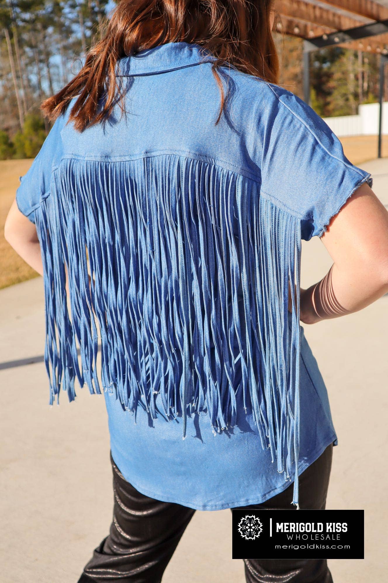 MK014 Cavalier Fringe Detail Chambray Top - 4 Colors: S / Light Chambray