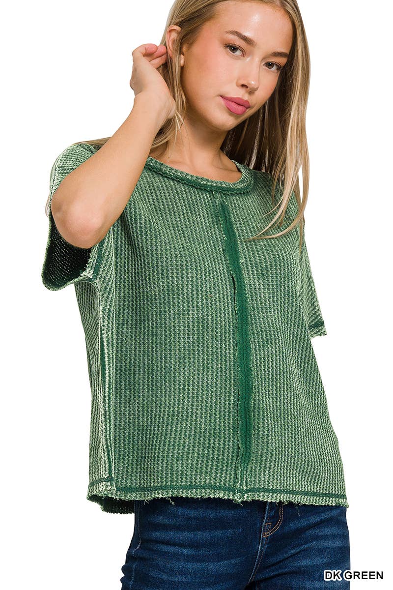 Washed Baby Waffle Short Sleeve Top: 3-3 (S/M-L/XL) / LT TEAL