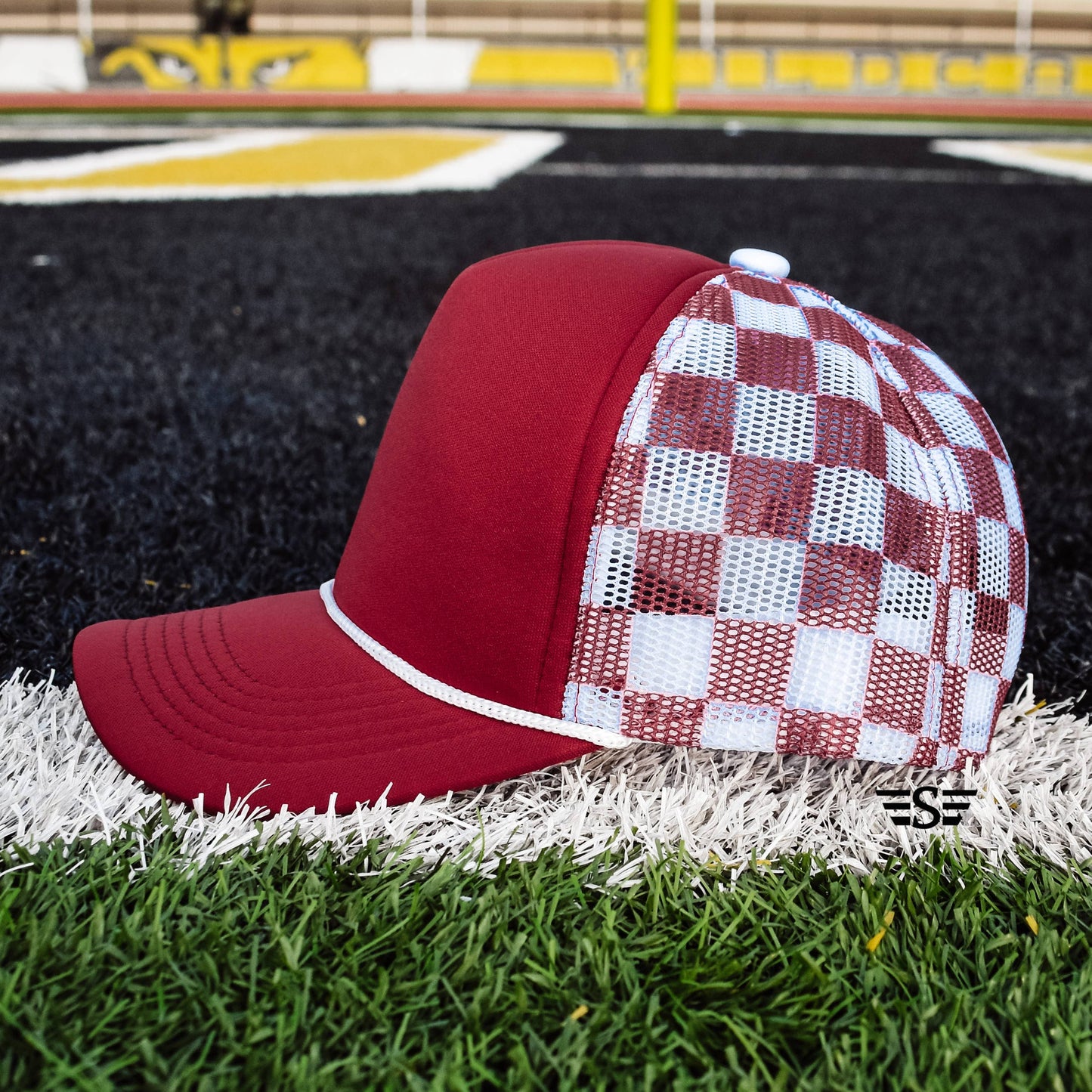 Checkered Mesh Back Foam Trucker Cap: Tan/ Brown