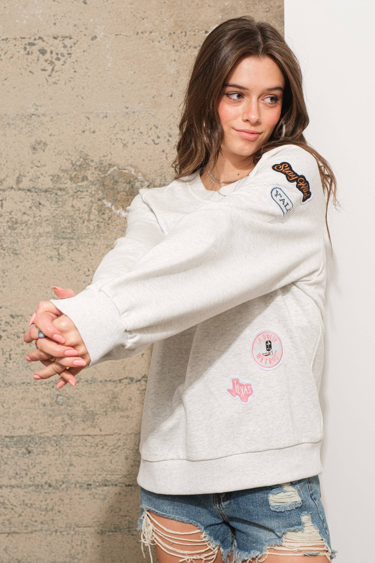 23007T - Cotton French Terry Western Patch Sweatshirt: OATMEAL / L