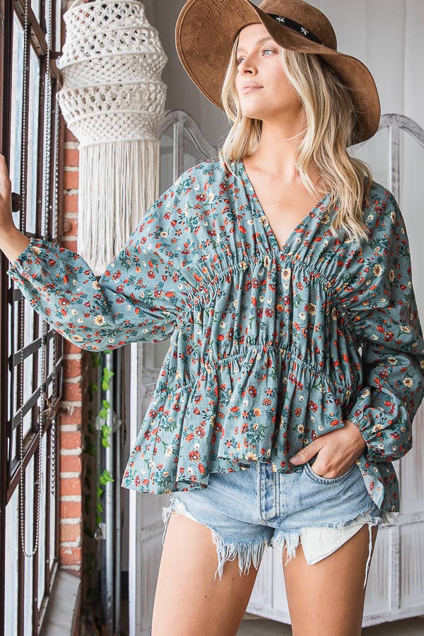 T1538A Floral Print Pleating Loose Fit Blouse Top: S-M-L (2-2-2) / DUSTY TEAL