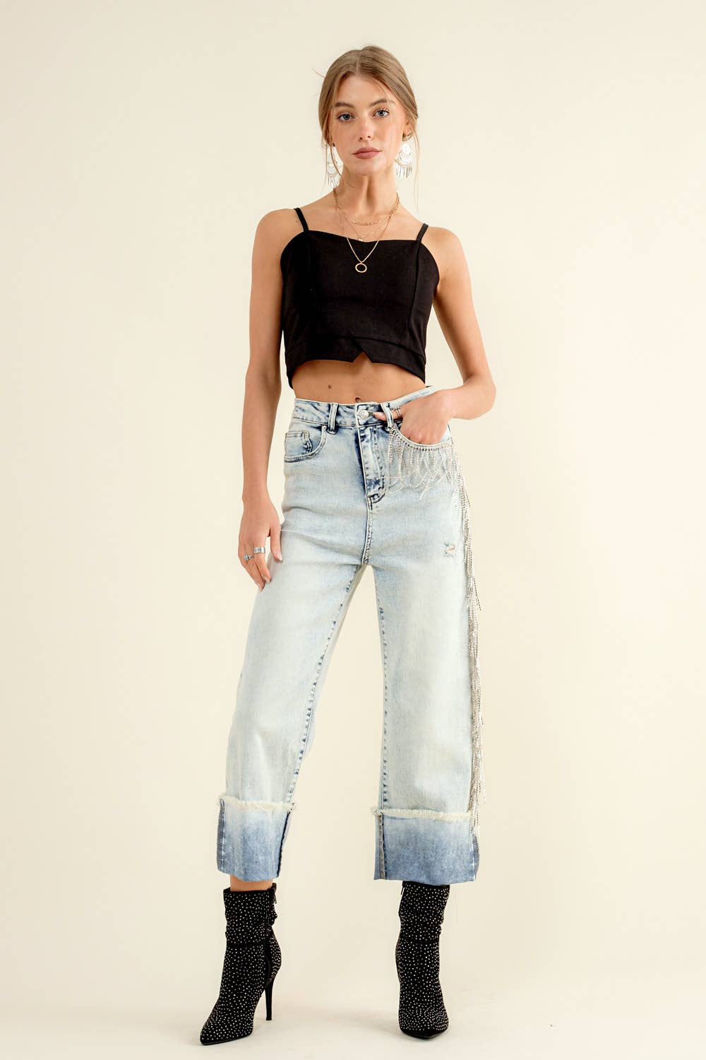 22251P - Rhinestone Fringe Denim Jeans: S / LIGHT WASH