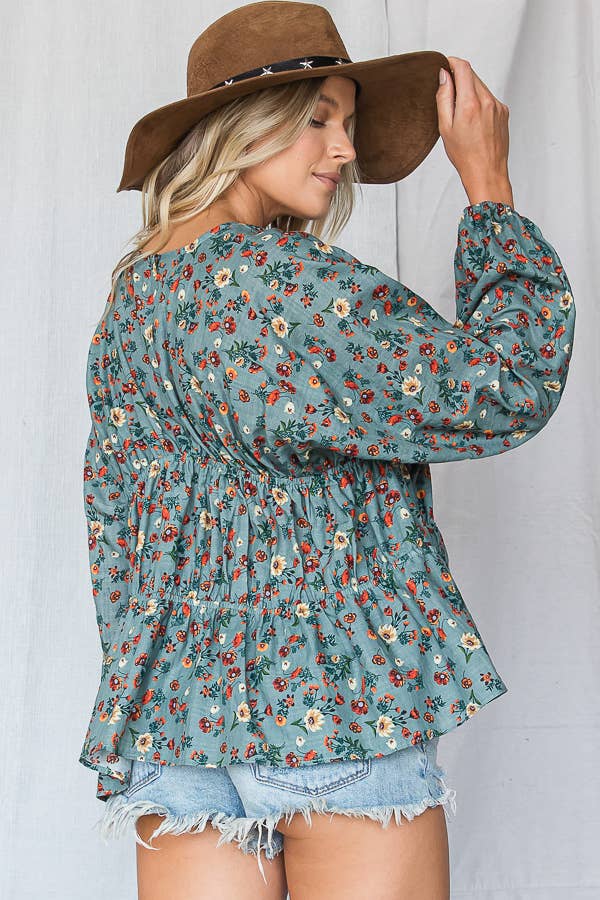 T1538A Floral Print Pleating Loose Fit Blouse Top: S-M-L (2-2-2) / DUSTY TEAL