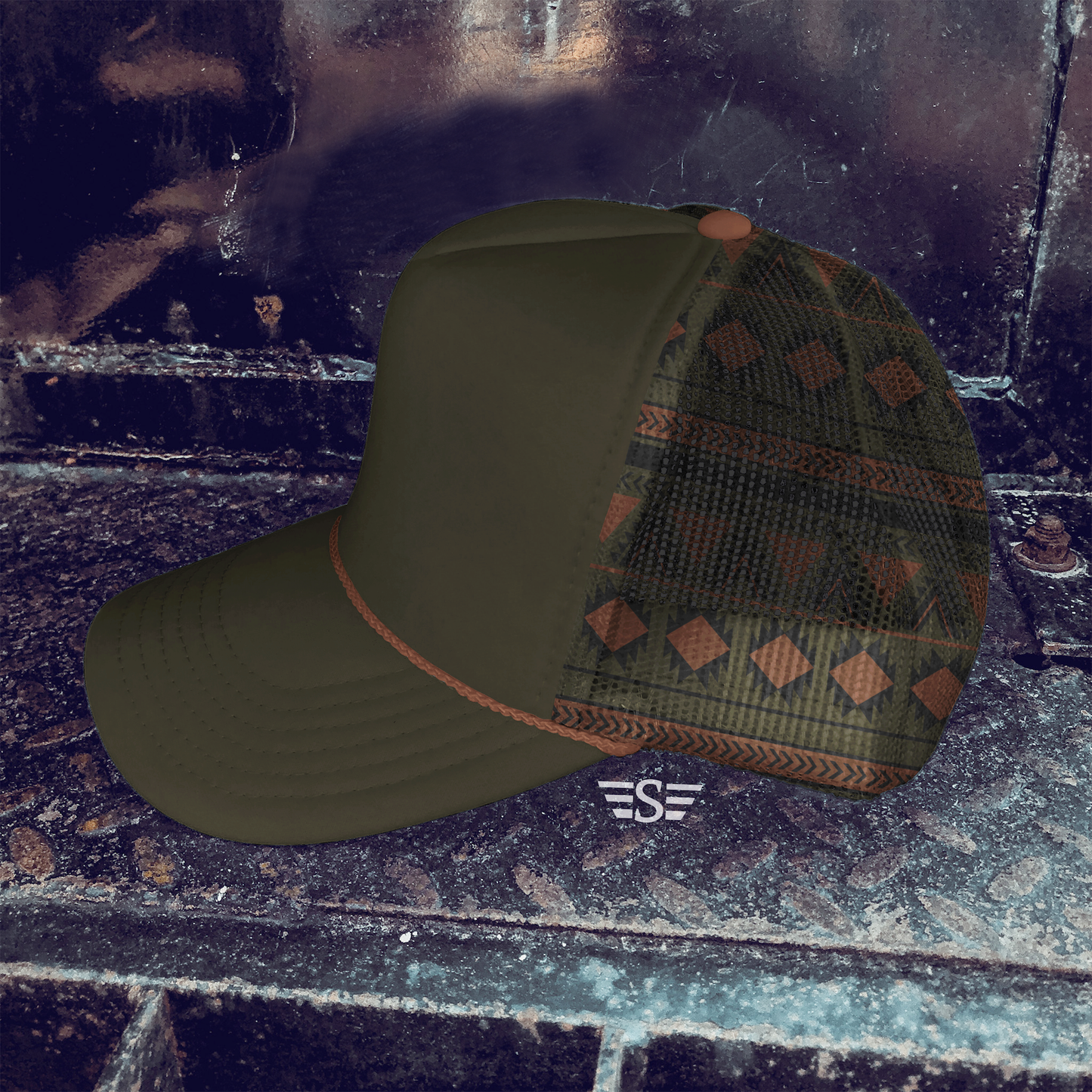 Aztec Mesh Back Foam Trucker Cap: Olive