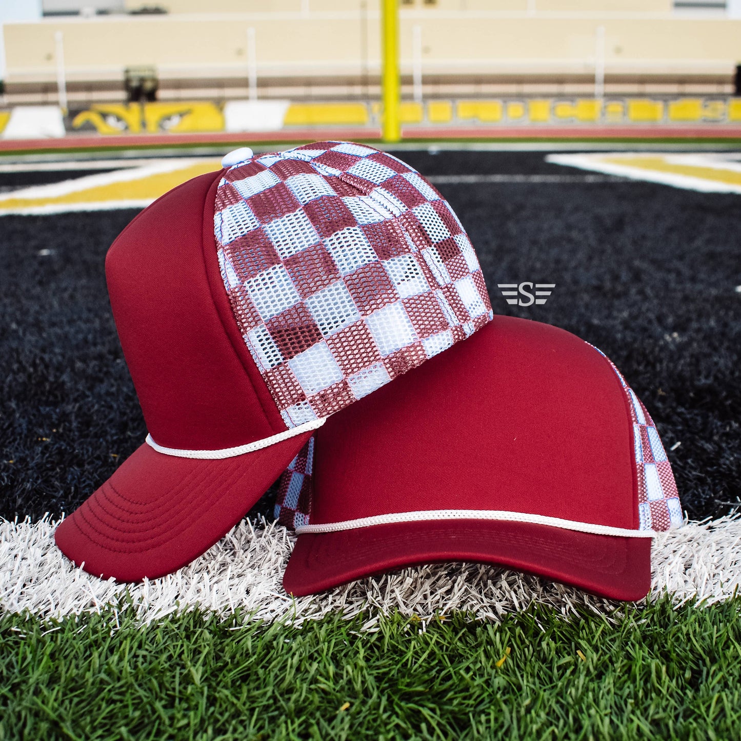 Checkered Mesh Back Foam Trucker Cap: Tan/ Brown