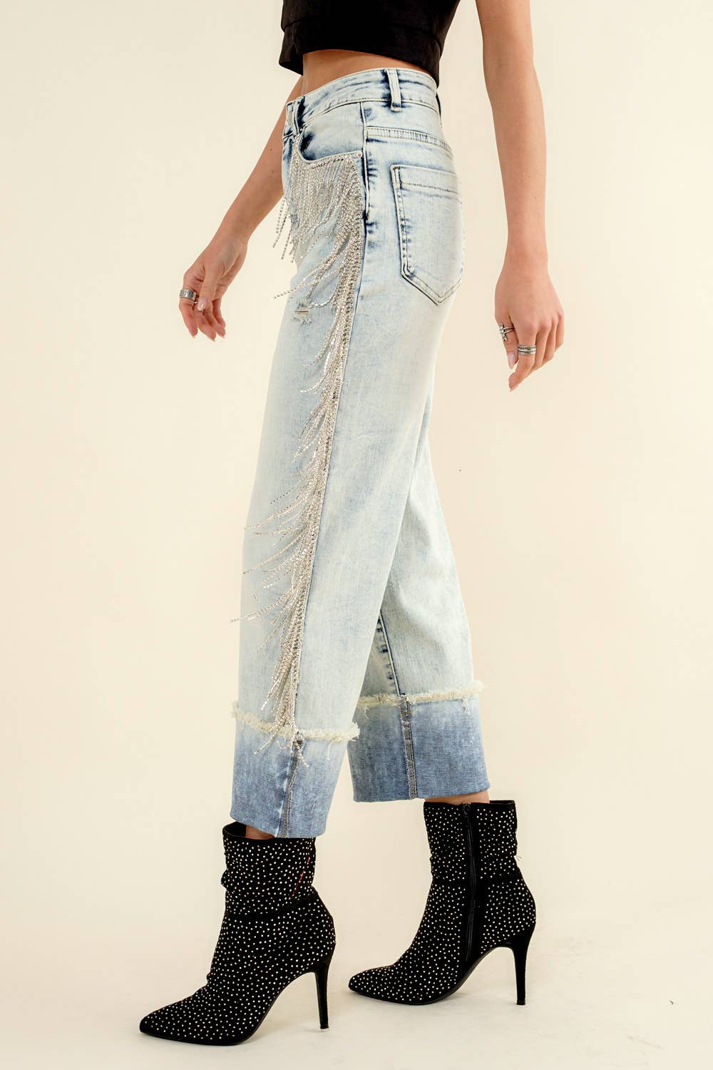 22251P - Rhinestone Fringe Denim Jeans: S / LIGHT WASH