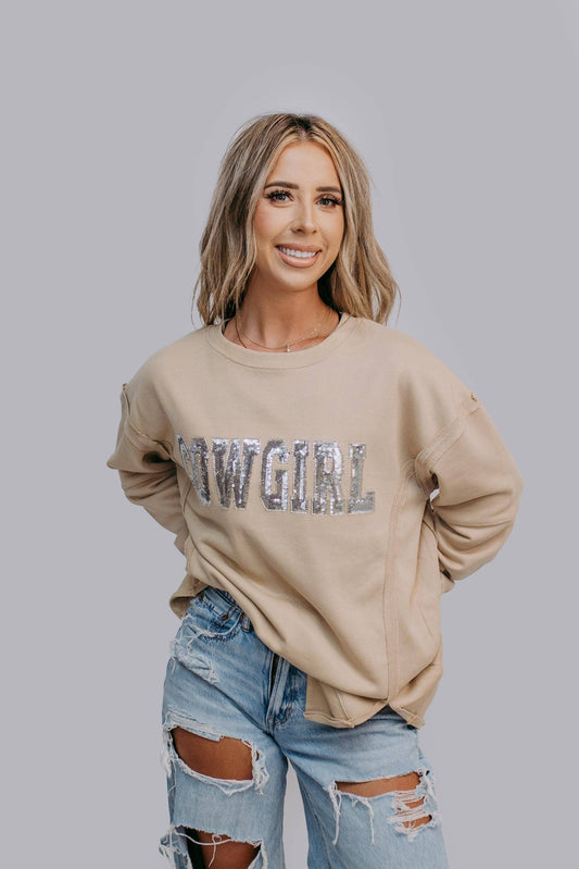 MK481 Cowgirl Sequin and Beaded Sweatshirt: Tan / M