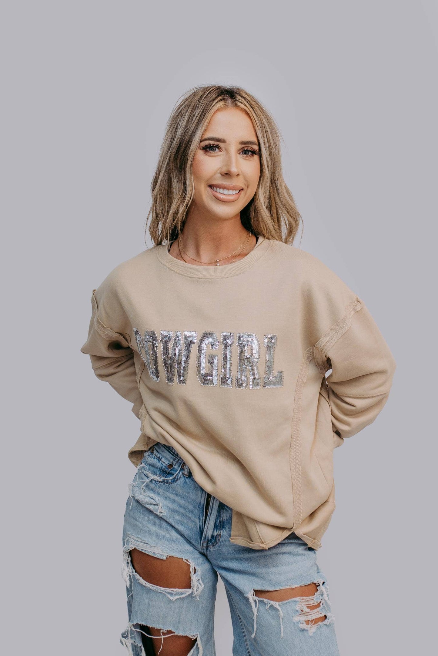 MK481 Cowgirl Sequin and Beaded Sweatshirt: Tan / S