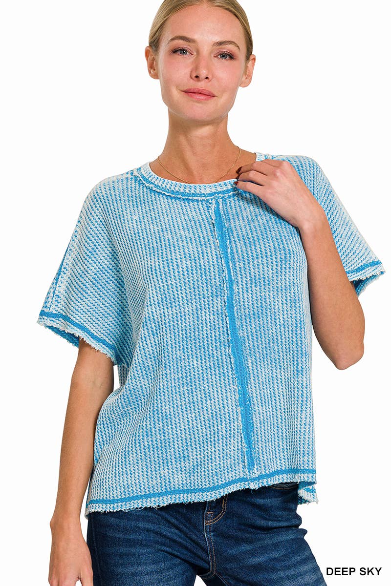 Washed Baby Waffle Short Sleeve Top: 3-3 (S/M-L/XL) / LT TEAL