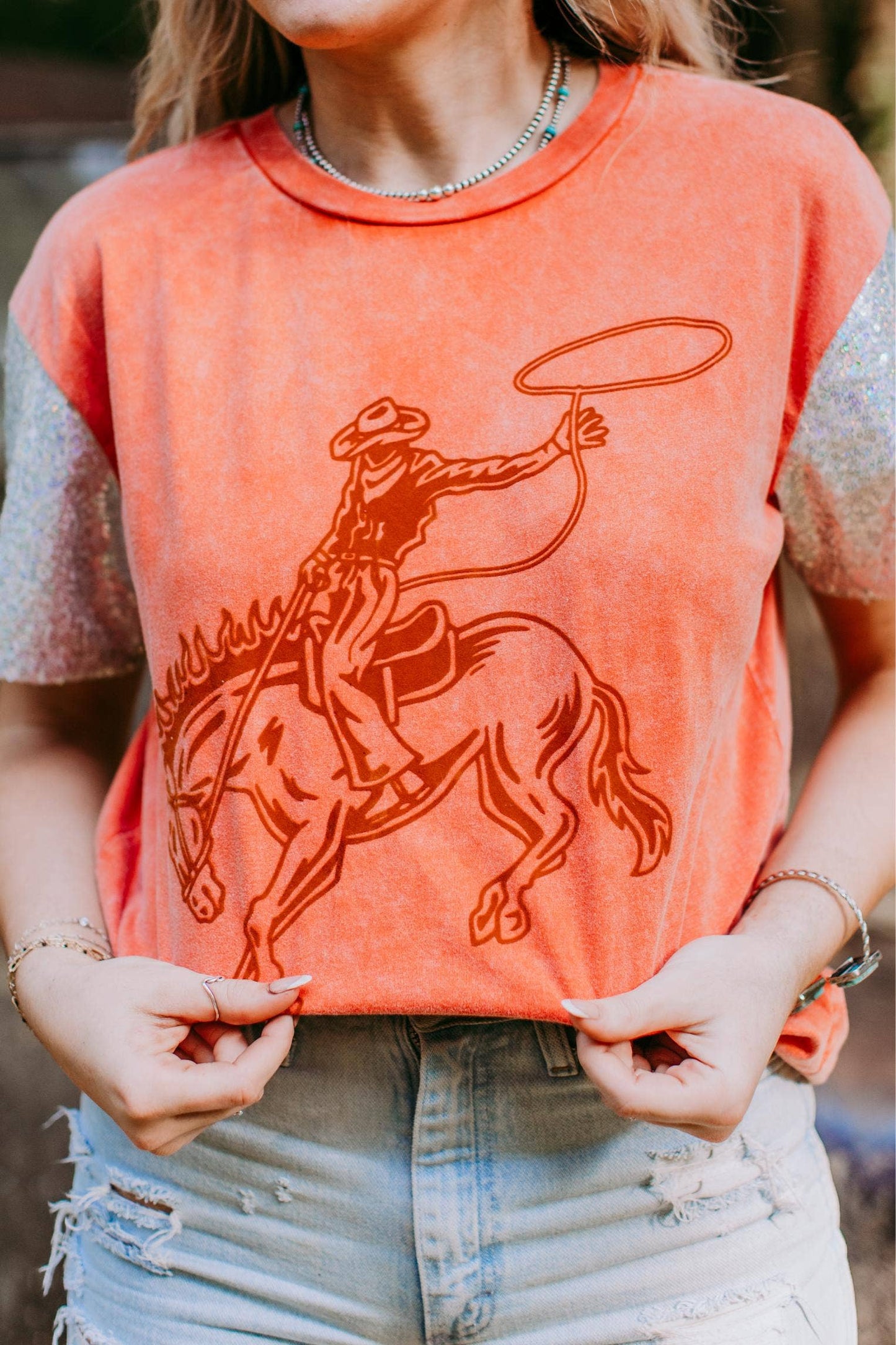 MK347 Cowboy Sequin Sleeve Tee: Orange / XL