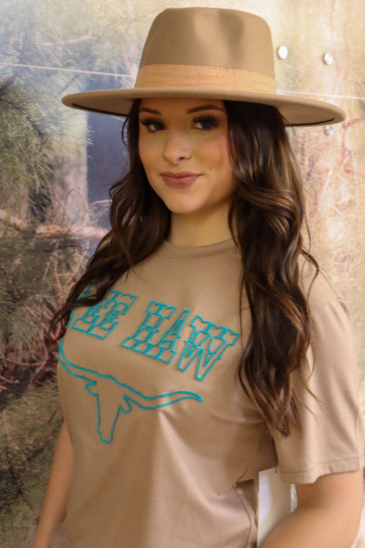 MK269 YEE HAW! Longhorn Embroidered Tee: Tan / L