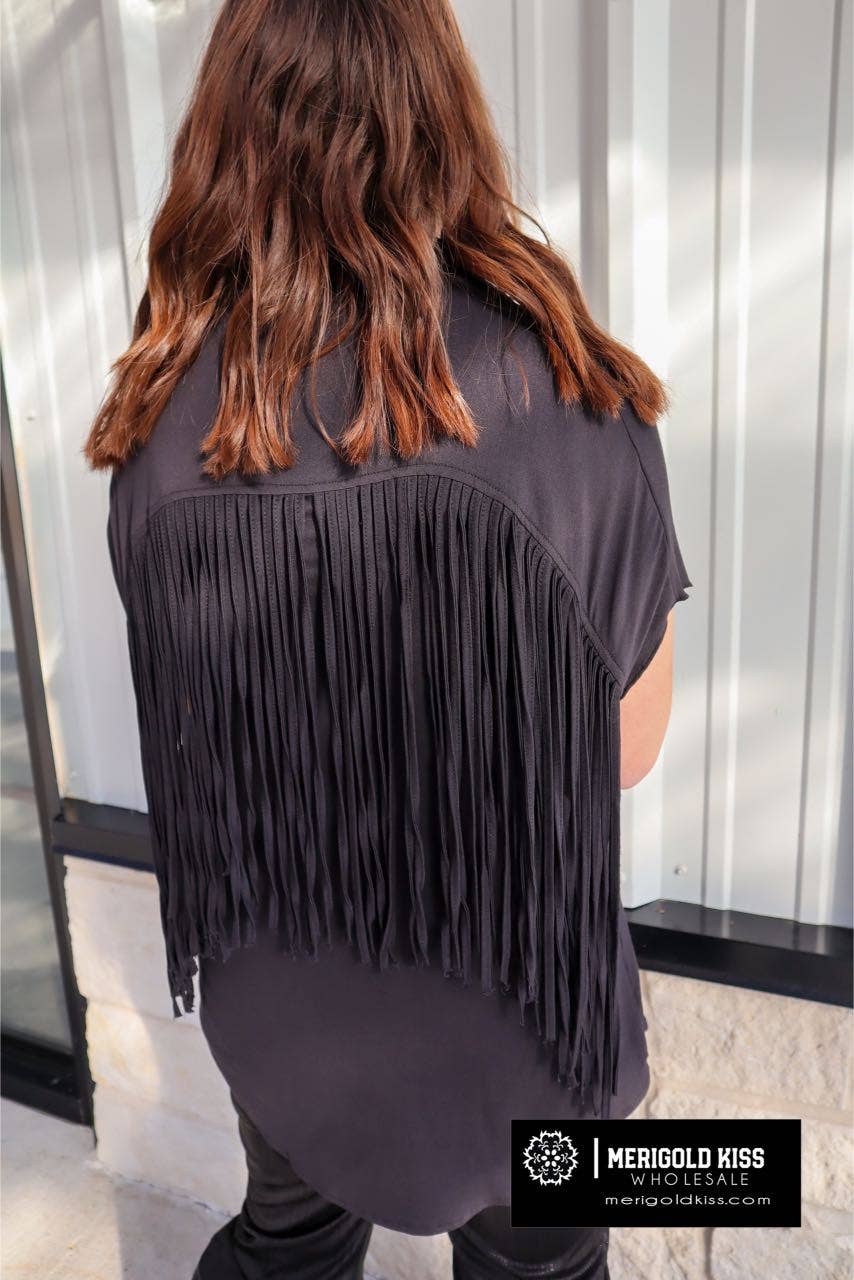 MK014 Cavalier Fringe Detail Chambray Top - 4 Colors: S / Light Chambray