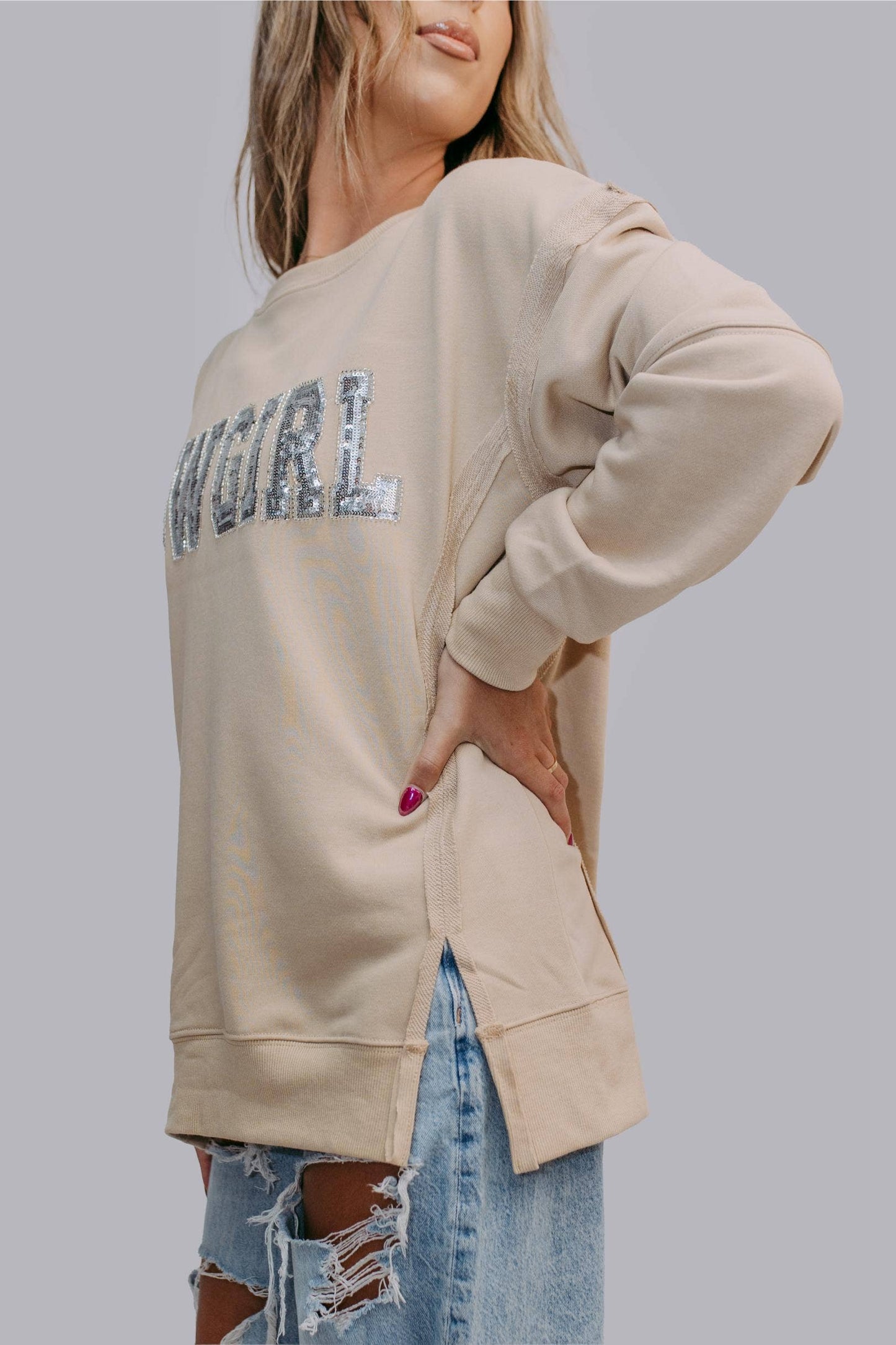 MK481 Cowgirl Sequin and Beaded Sweatshirt: Tan / M