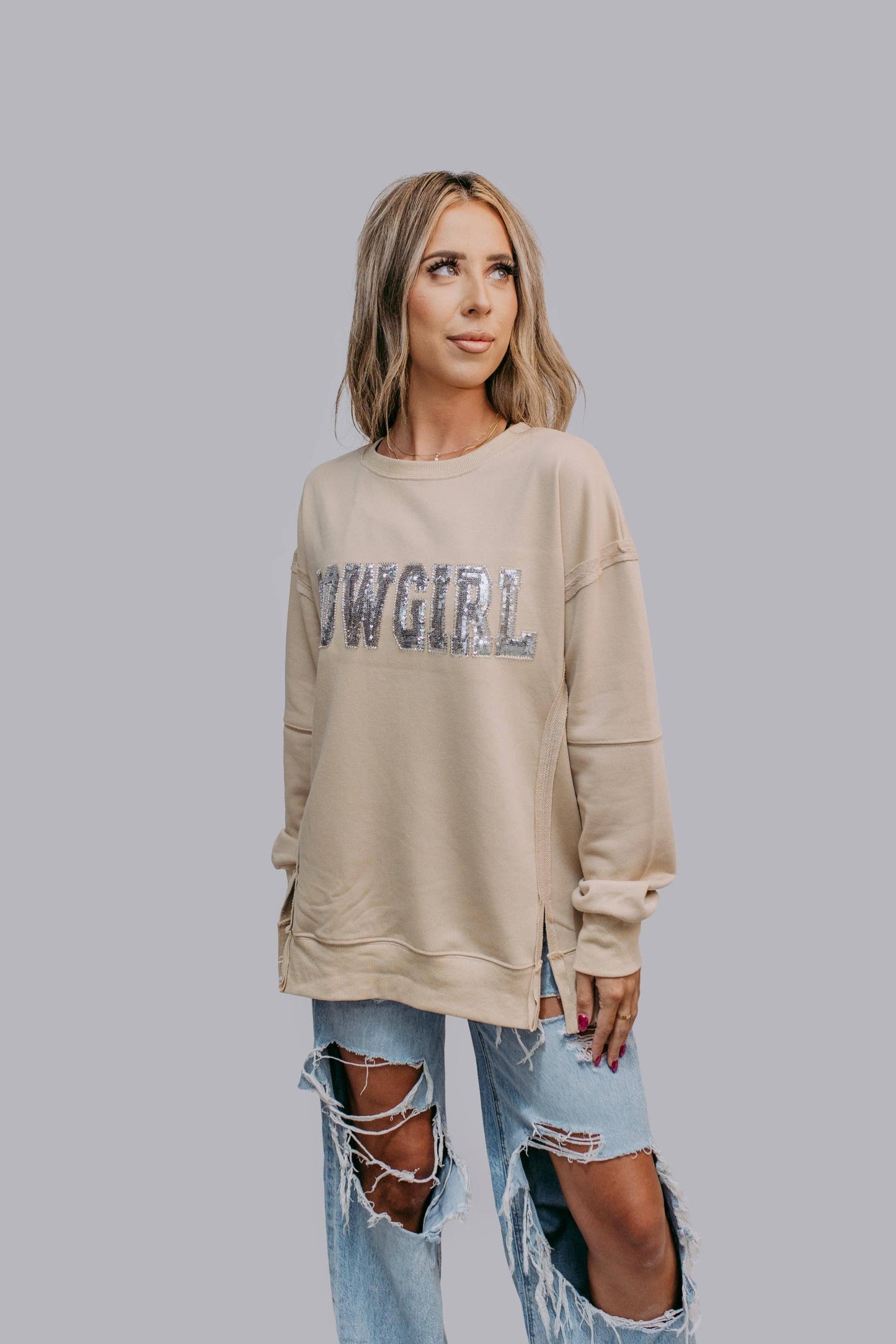 MK481 Cowgirl Sequin and Beaded Sweatshirt: Tan / M